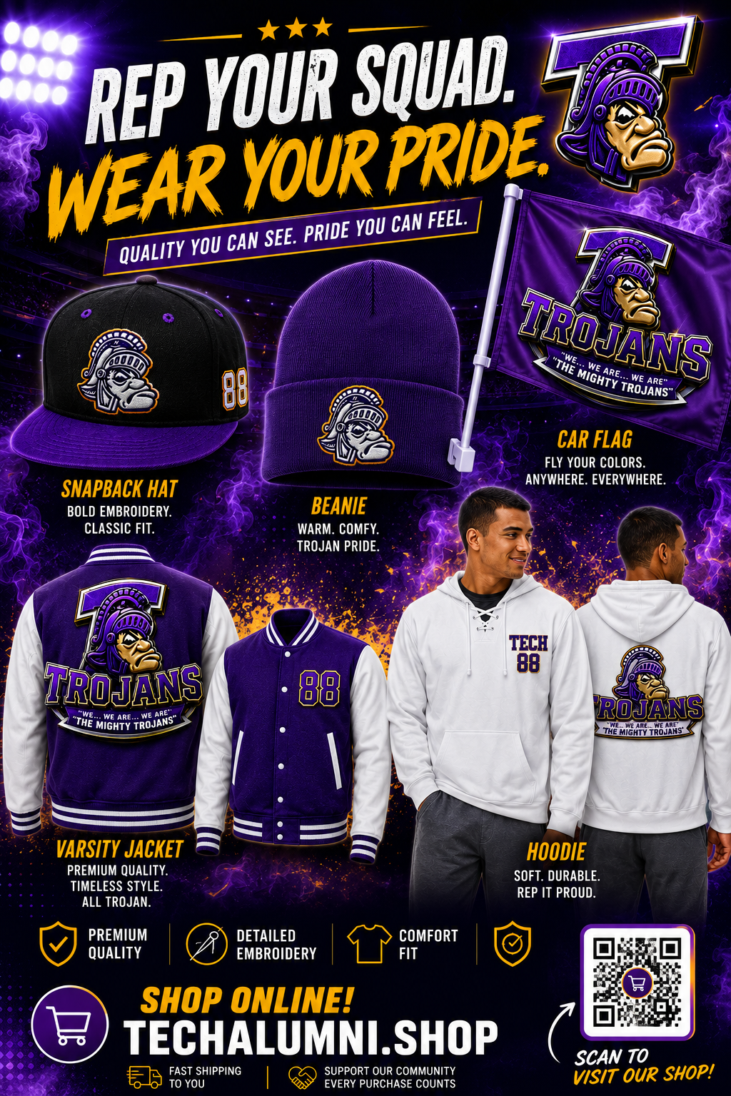 Rep Your Squad. Wear Your Pride. Mighty Trojans custom apparel — hats, hoodies, jackets, and flags.